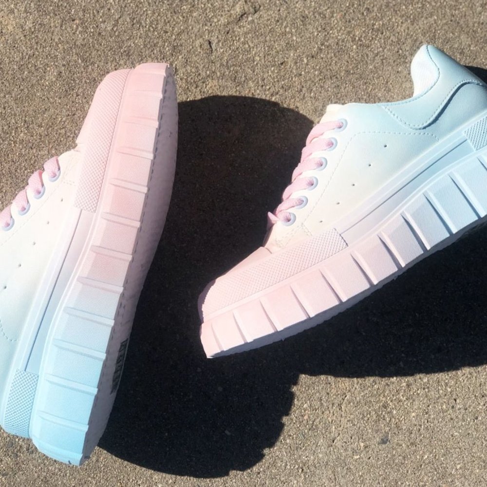 NEW Pastel Pink Blue Ombre Kawaii Cute Platform Low Top Laced Up Sneakers Shoes - Picture 4 of 11